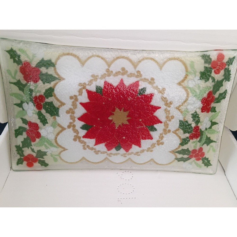 Peggy Karr Fused Glass Poinsettia Rectangular Tray Christmas Holly 9.5x5.5 NIB - Picture 2 of 6